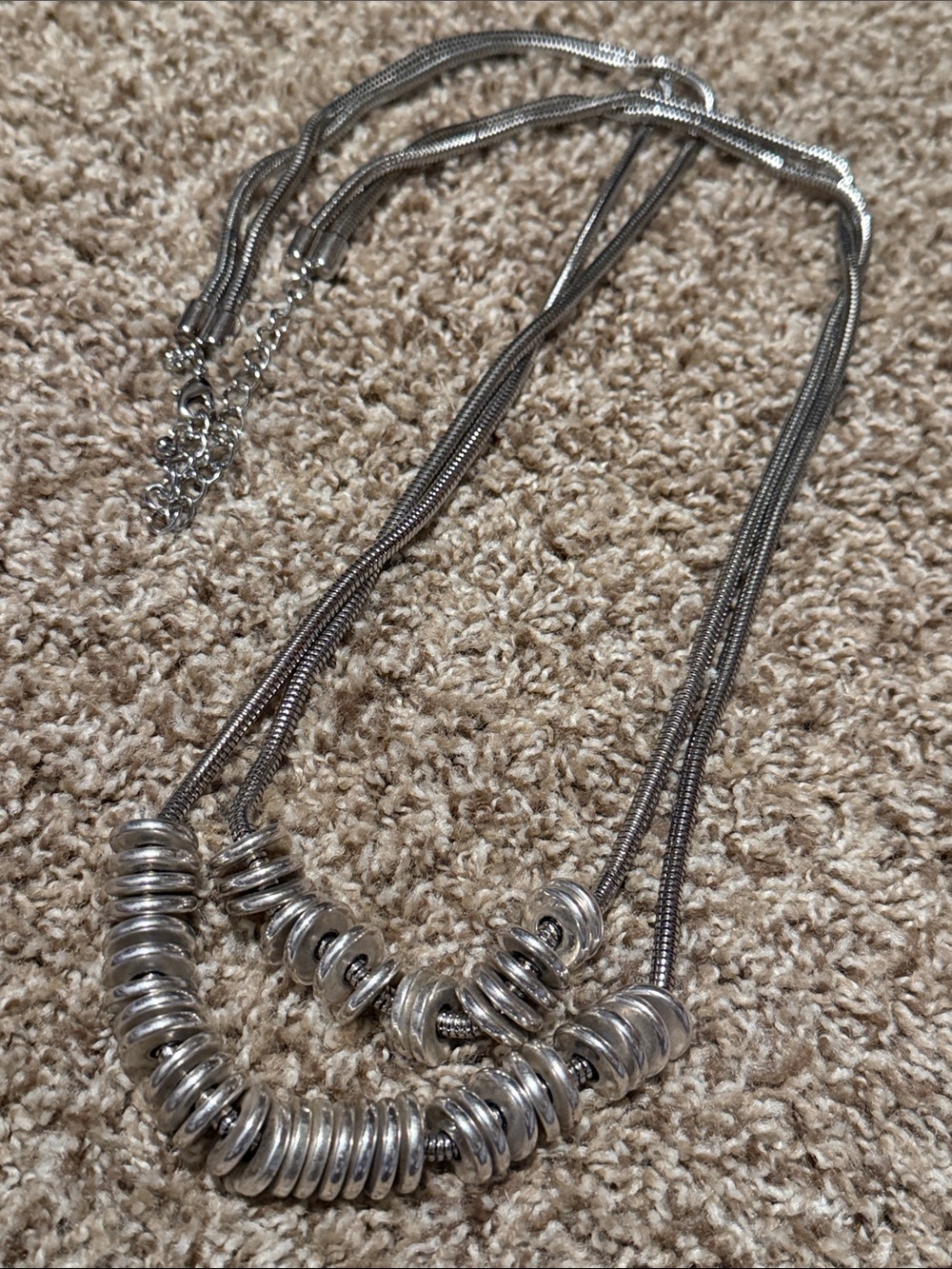 Gorgeous dual-strand silvertone disk necklace